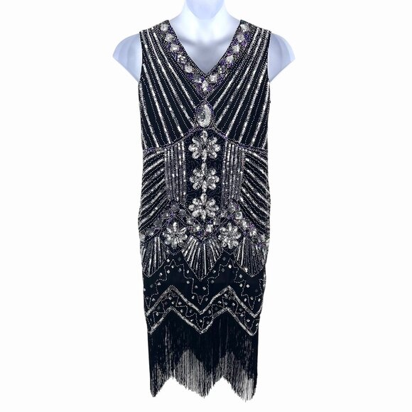 STUNNING BEADED SEQUIN SPIRIT HALLOWEEN 1920'S FLAPPER DRESS COSTUME - L BLACK - Picture 6 of 10